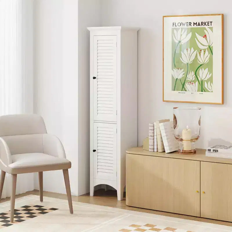 Tall Bathroom Floor Cabinet, Narrow Linen Tower with 2 Louvered Doors & Adjustable Shelf, Black/Coffee/Grey