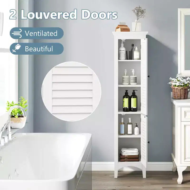 Tall Bathroom Floor Cabinet, Narrow Linen Tower with 2 Louvered Doors & Adjustable Shelf, Black/Coffee/Grey
