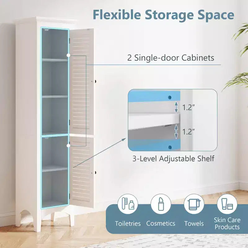 Tall Bathroom Floor Cabinet, Narrow Linen Tower with 2 Louvered Doors & Adjustable Shelf, Black/Coffee/Grey
