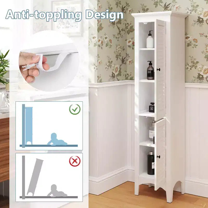 Tall Bathroom Floor Cabinet, Narrow Linen Tower with 2 Louvered Doors & Adjustable Shelf, Black/Coffee/Grey