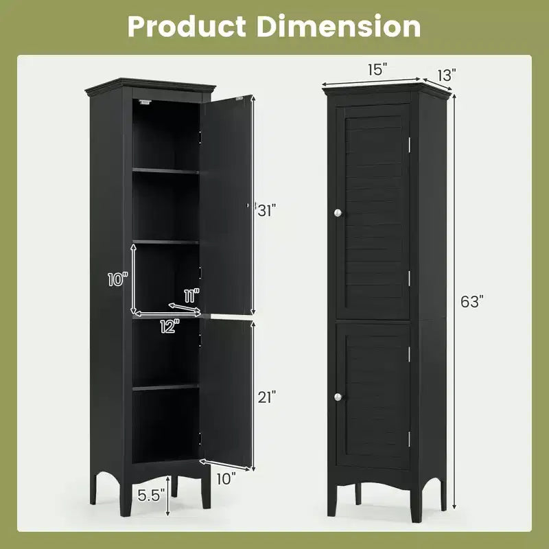 Tall Bathroom Floor Cabinet, Narrow Linen Tower with 2 Louvered Doors & Adjustable Shelf, Black/Coffee/Grey