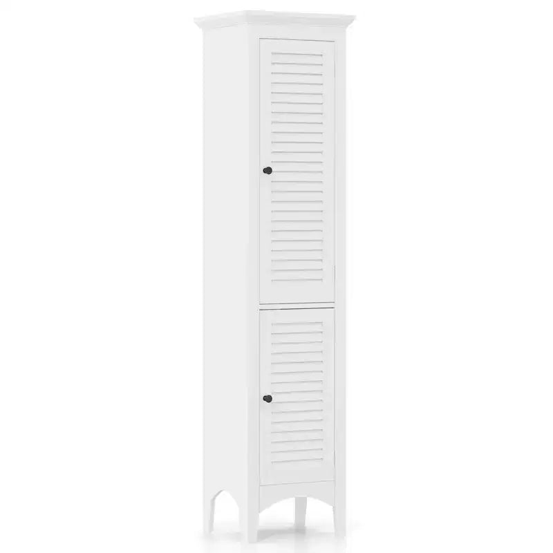 Tall Bathroom Floor Cabinet, Narrow Linen Tower with 2 Louvered Doors & Adjustable Shelf, Black/Coffee/Grey