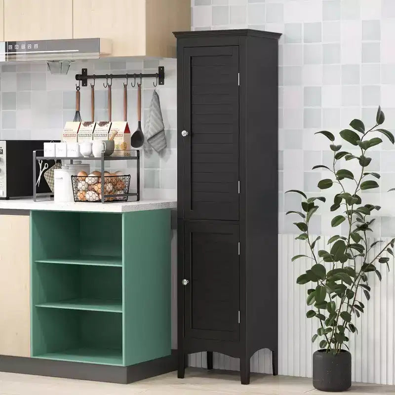 Tall Bathroom Floor Cabinet, Narrow Linen Tower with 2 Louvered Doors & Adjustable Shelf, Black/Coffee/Grey