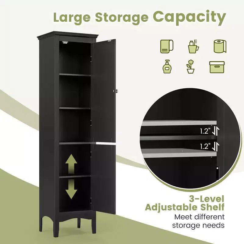 Tall Bathroom Floor Cabinet, Narrow Linen Tower with 2 Louvered Doors & Adjustable Shelf, Black/Coffee/Grey