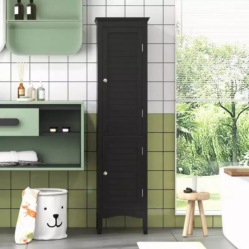 Tall Bathroom Floor Cabinet, Narrow Linen Tower with 2 Louvered Doors & Adjustable Shelf, Black/Coffee/Grey