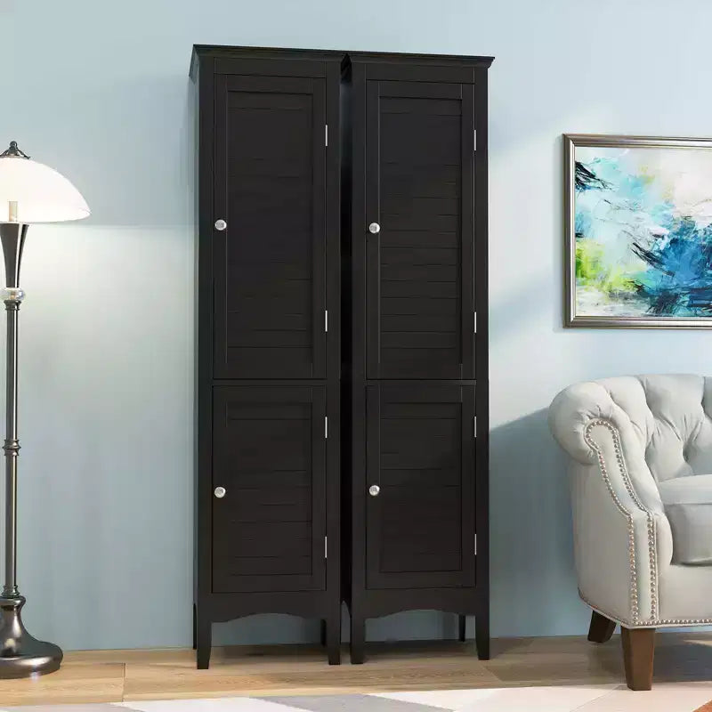 Tall Bathroom Floor Cabinet, Narrow Linen Tower with 2 Louvered Doors & Adjustable Shelf, Black/Coffee/Grey
