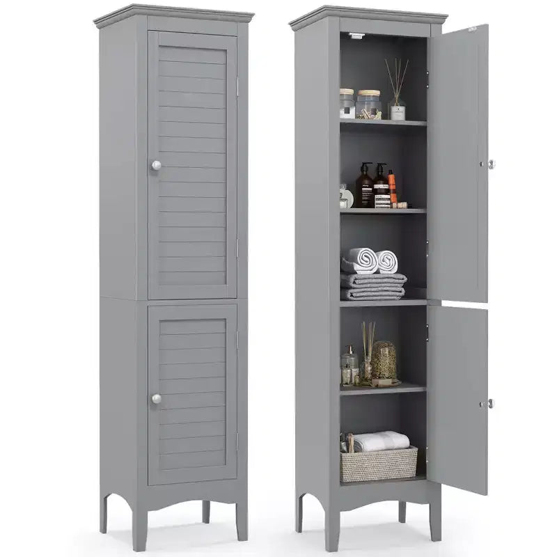 Tall Bathroom Floor Cabinet, Narrow Linen Tower with 2 Louvered Doors & Adjustable Shelf, Black/Coffee/Grey