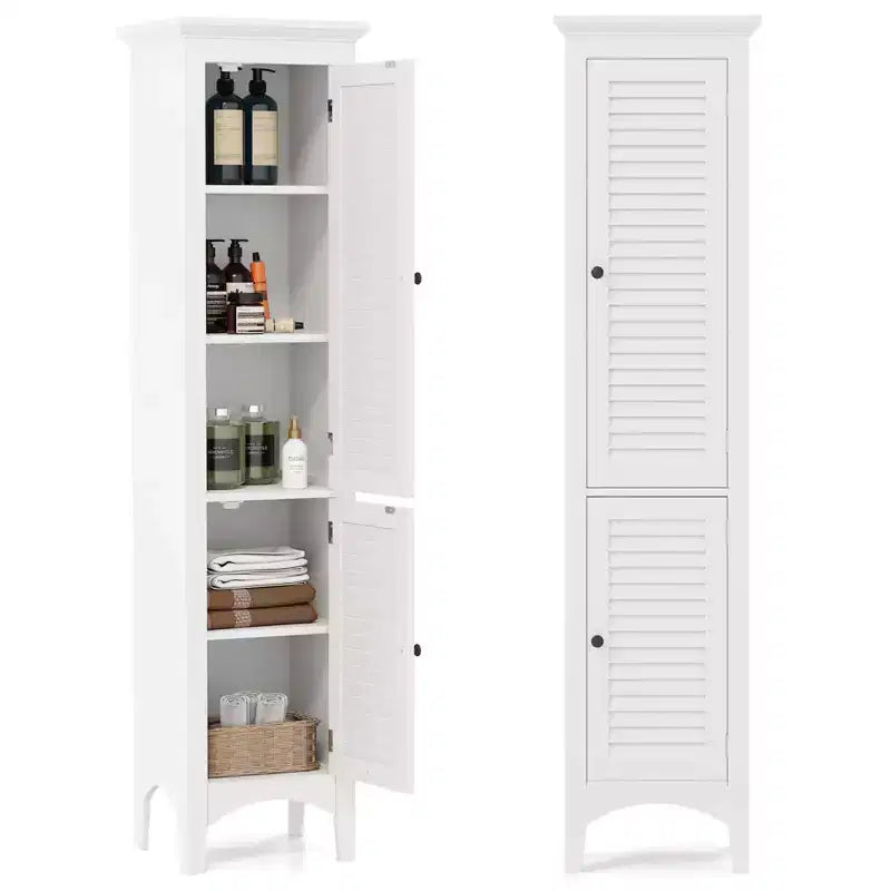 Tall Bathroom Floor Cabinet, Narrow Linen Tower with 2 Louvered Doors & Adjustable Shelf, Black/Coffee/Grey